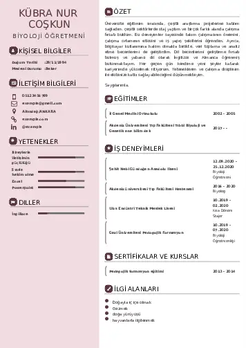 Biyoloji Öğretmeni CV Örnekleri cv indir